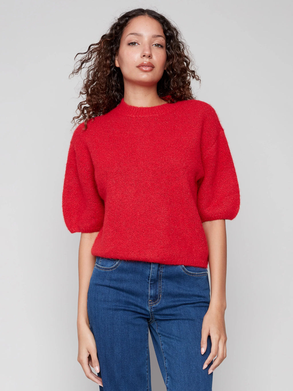 Charlie B Hairy Knit Elbow Sleeve Sweater - Crimson