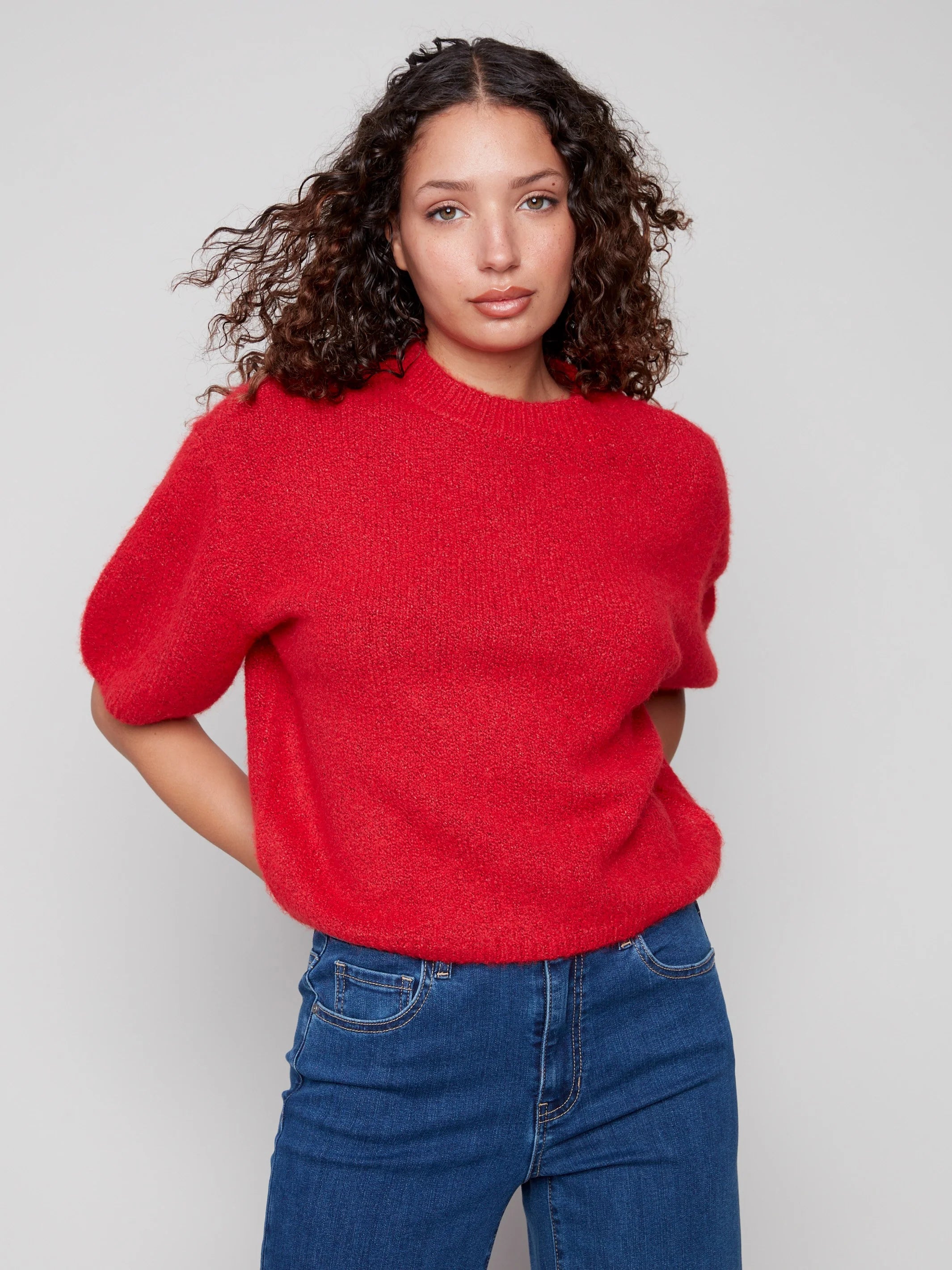 Charlie B Hairy Knit Elbow Sleeve Sweater - Crimson