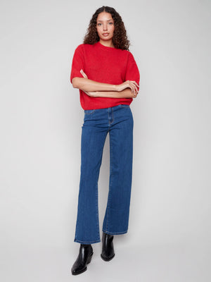 Charlie B Hairy Knit Elbow Sleeve Sweater - Crimson