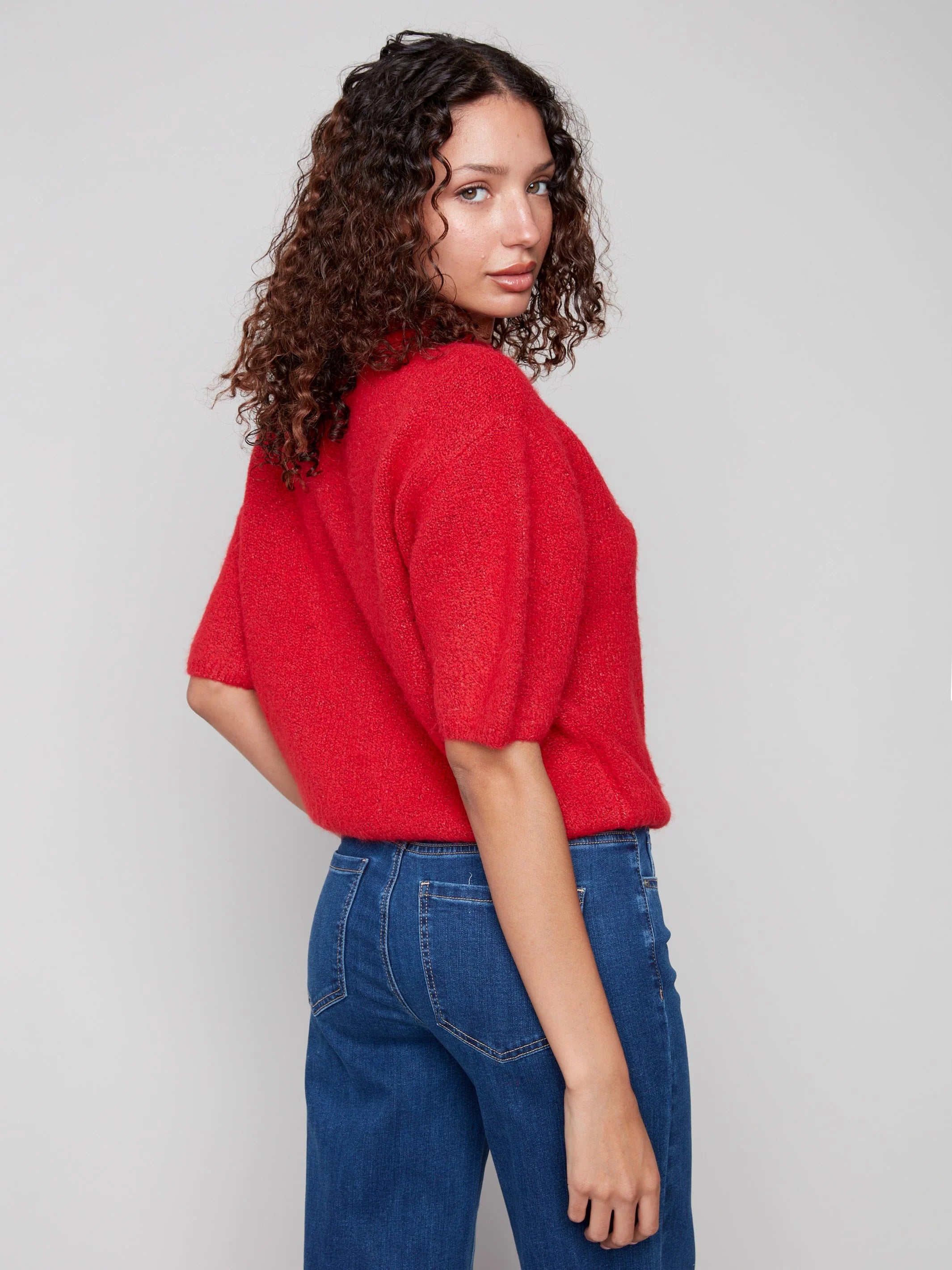 Charlie B Hairy Knit Elbow Sleeve Sweater - Crimson