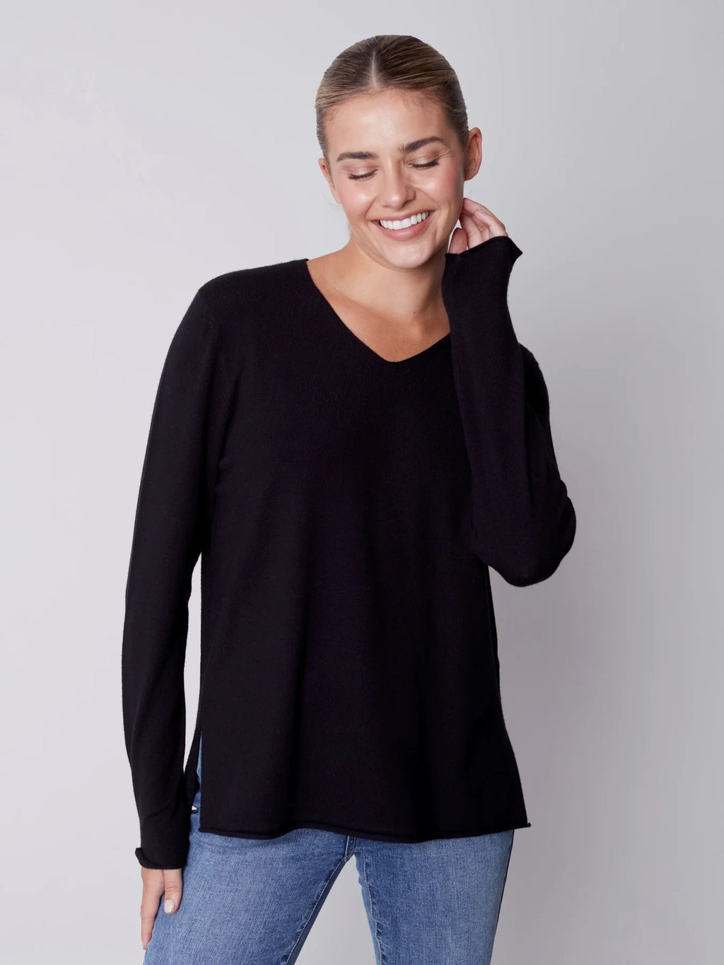 Charlie B Long Sleeve Basic V-Neck Sweater - Black