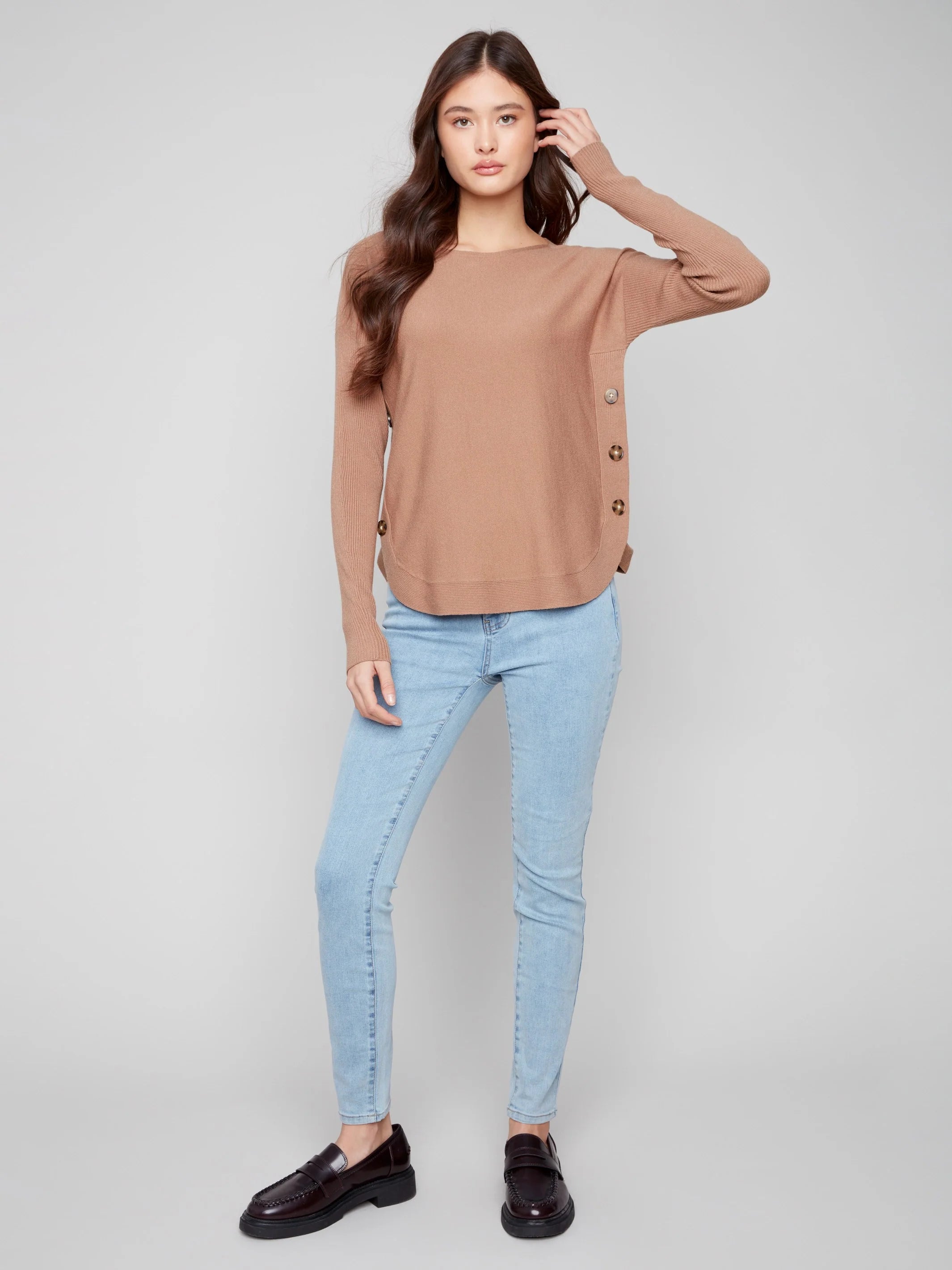 Charlie B Boat Neck Sweater with Side Buttons - Truffle