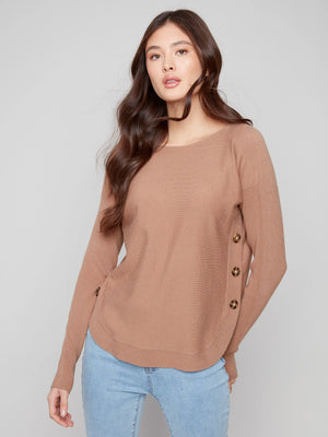 Charlie B Boat Neck Sweater with Side Buttons - Truffle