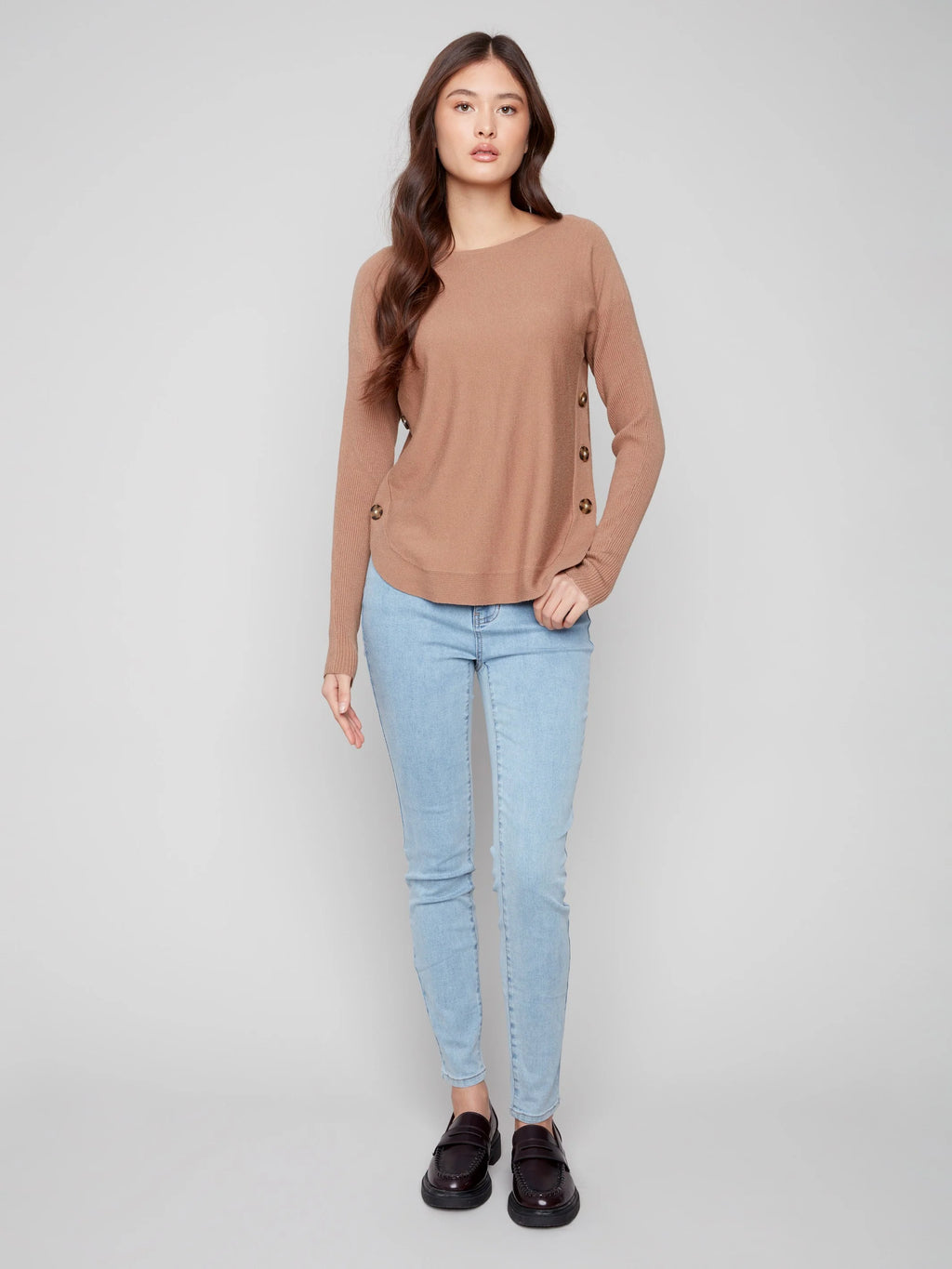 Charlie B Boat Neck Sweater with Side Buttons - Truffle