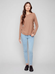 Charlie B Boat Neck Sweater with Side Buttons - Truffle