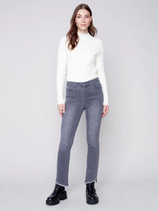 Charlie B Bootcut Jeans with Asymmetrical Fringed Hem - Medium Gray