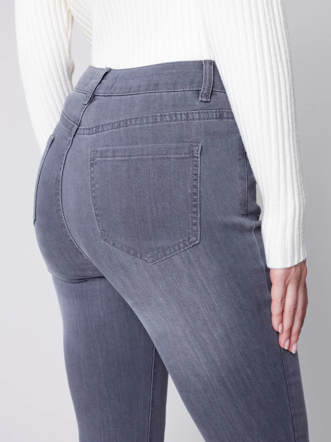 Charlie B Bootcut Jeans with Asymmetrical Fringed Hem - Medium Gray