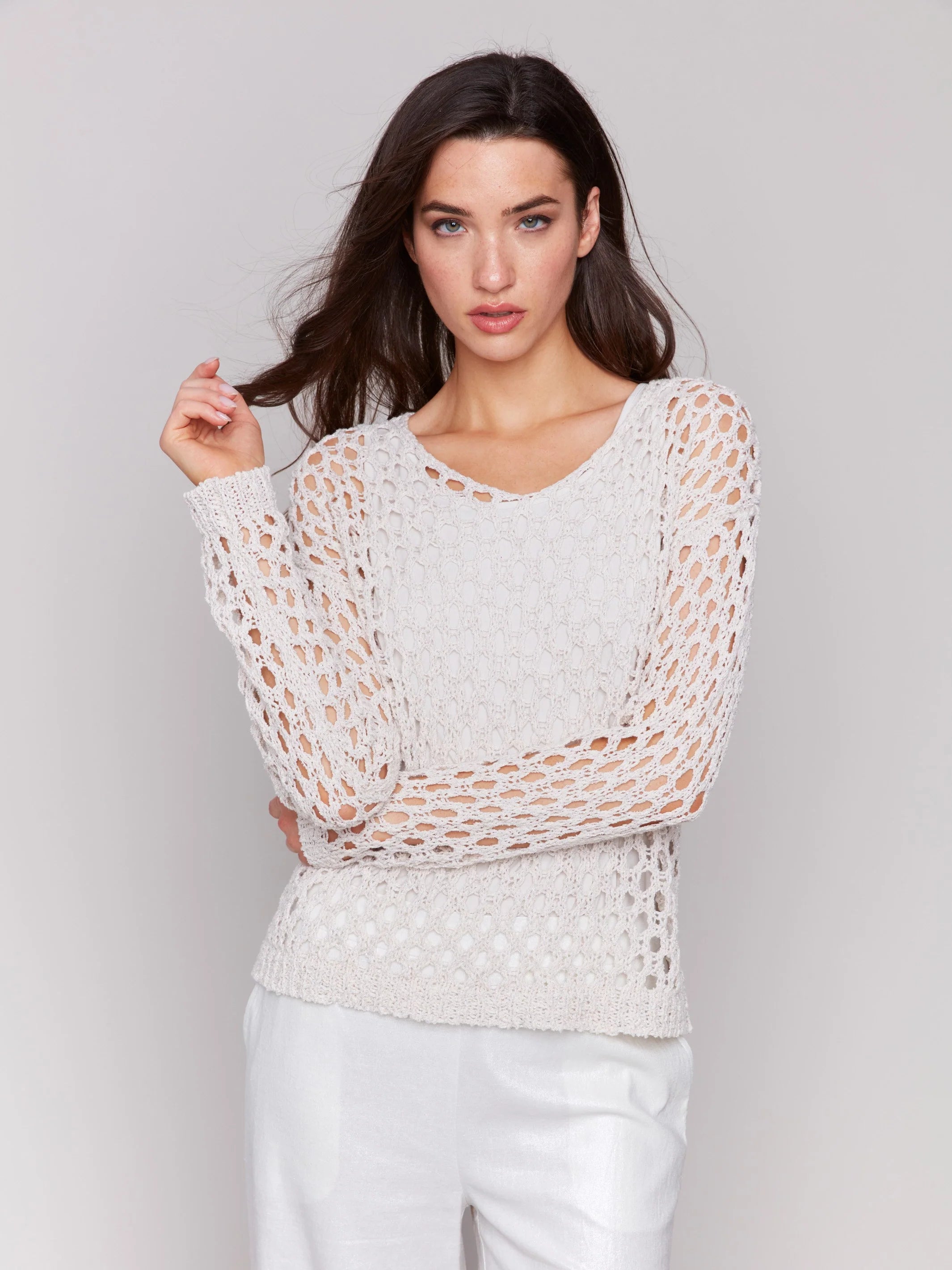 Charlie B Braided Fishnet V-Neck Sweater - Petal