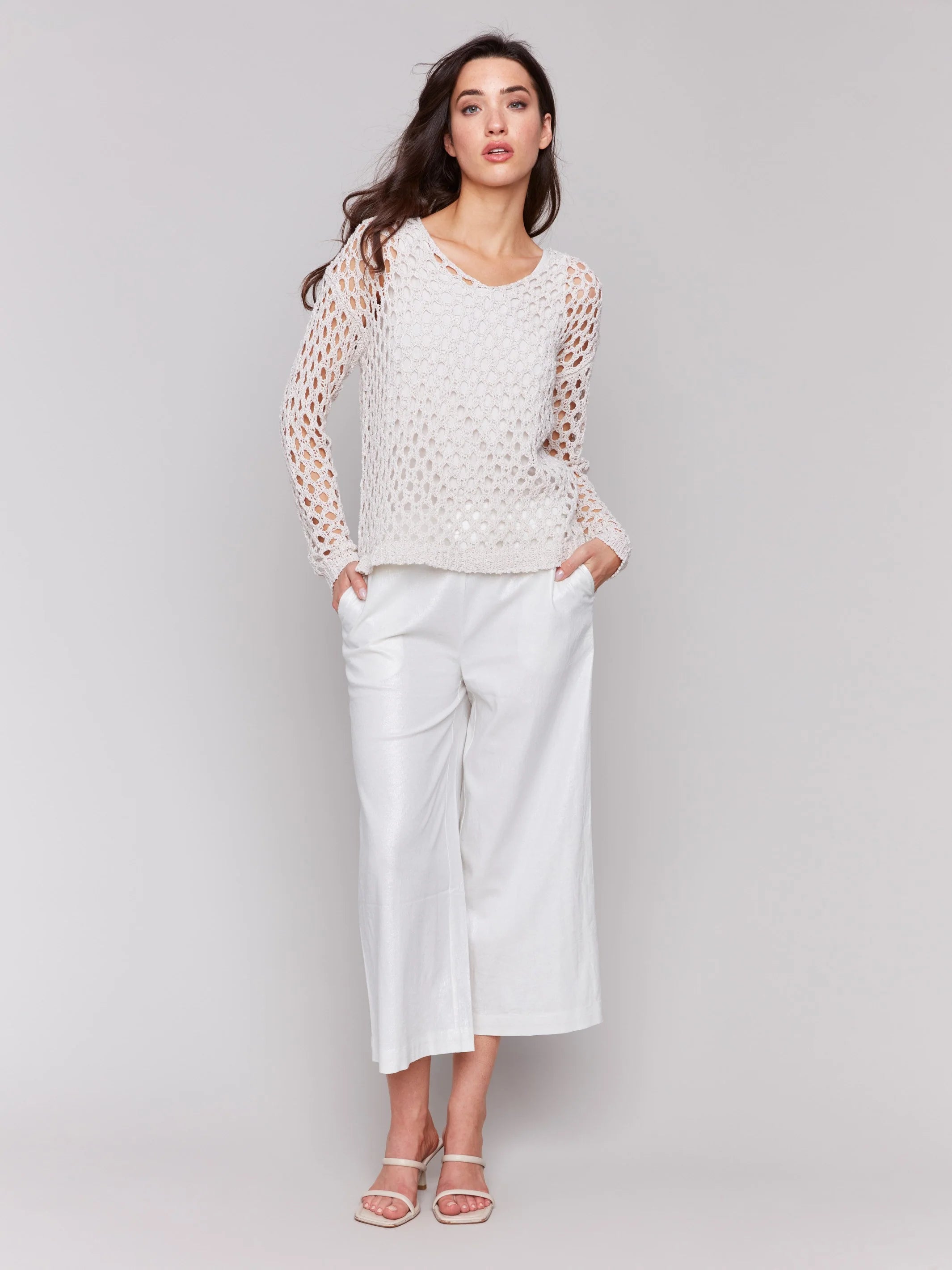 Charlie B Braided Fishnet V-Neck Sweater - Petal