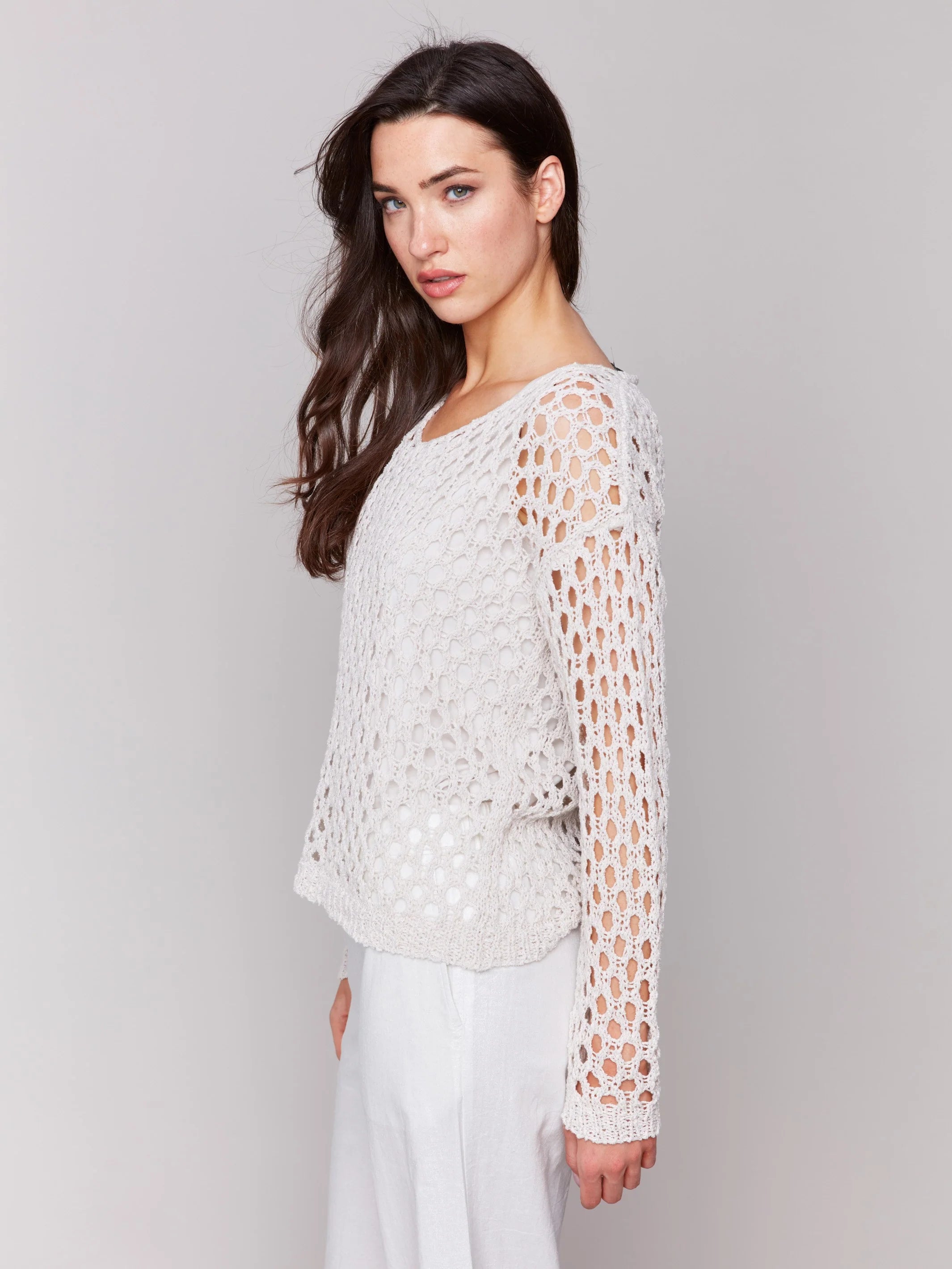 Charlie B Braided Fishnet V-Neck Sweater - Petal