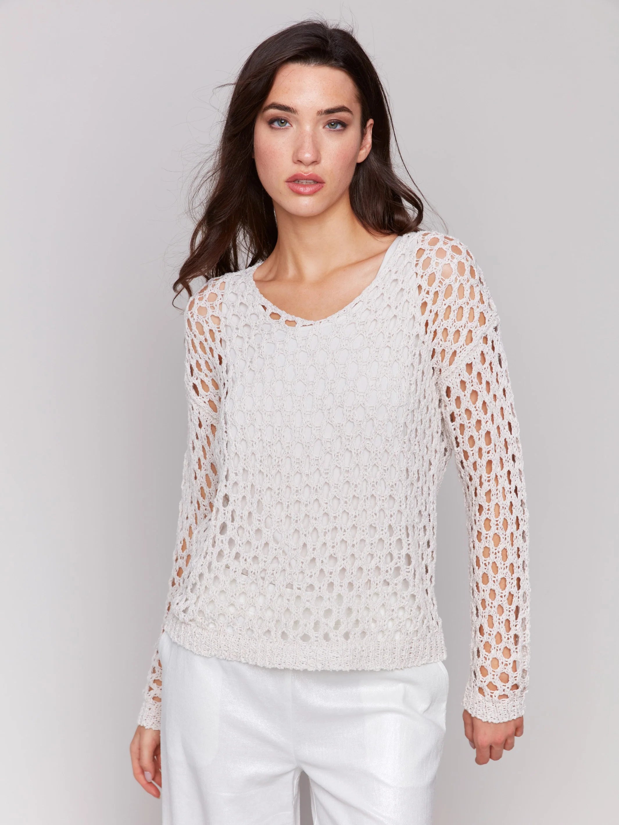 Charlie B Braided Fishnet V-Neck Sweater - Petal