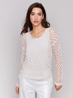 Charlie B Braided Fishnet V-Neck Sweater - Petal