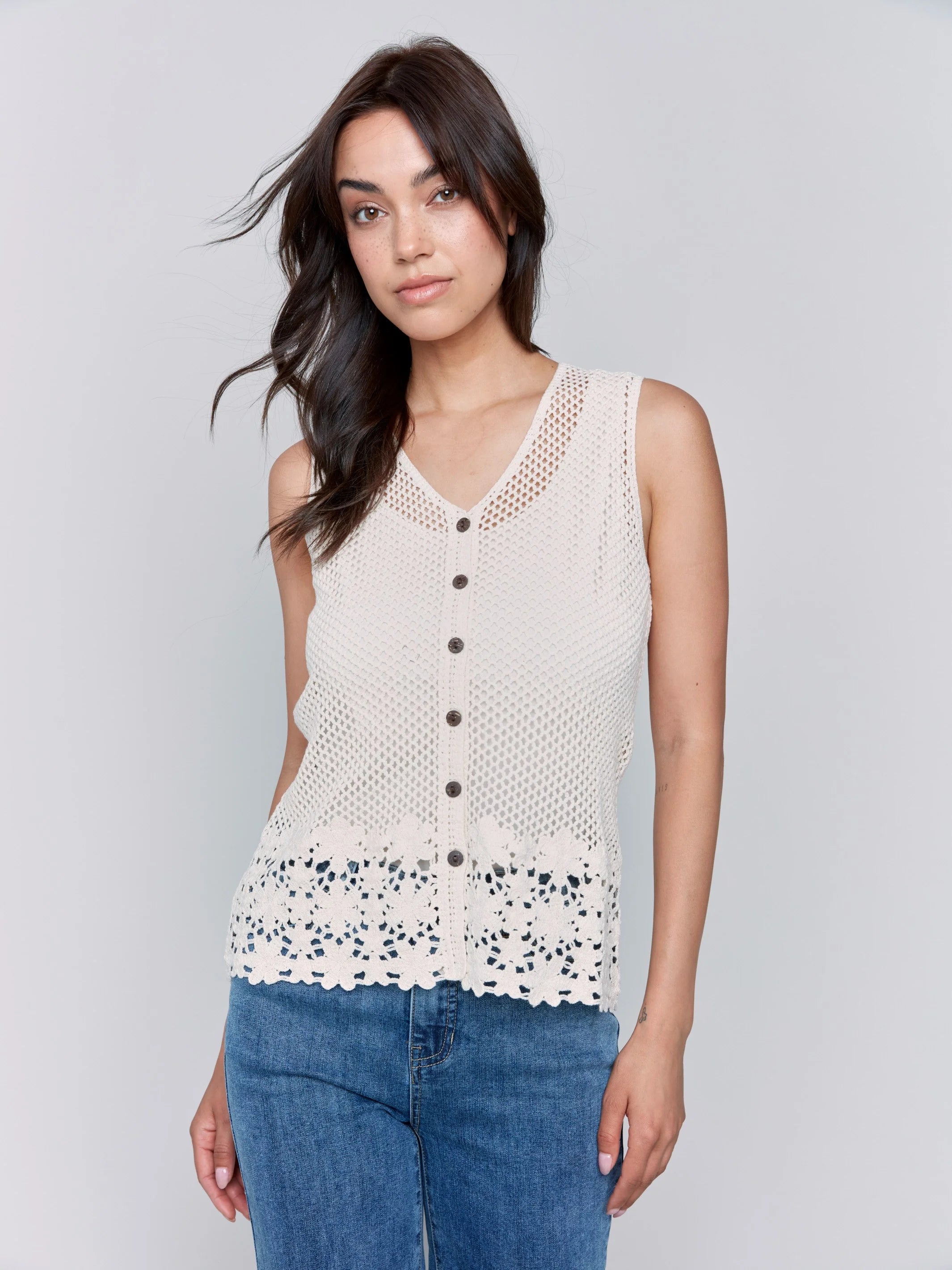 Charlie B Button Front Crochet Vest