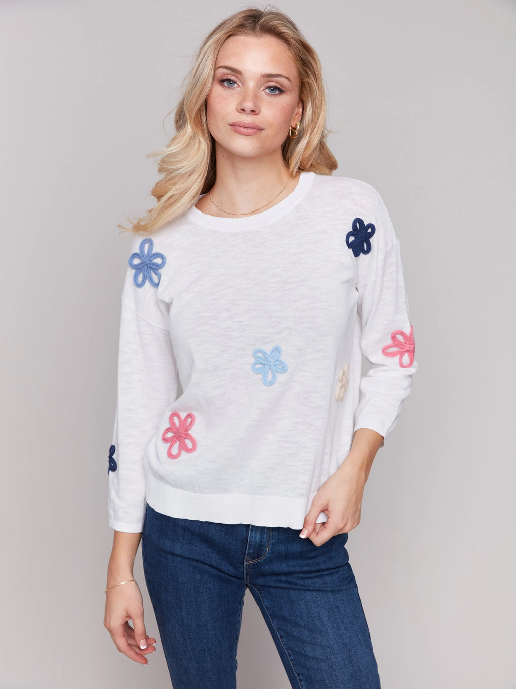 Charlie B Cotton Sweater with Flower Patches - White
