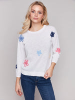 Charlie B Cotton Sweater with Flower Patches - White