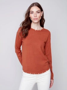 Charlie B Crew Neck Sweater with Fray Edges - Cinnamon