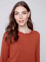 Charlie B Crew Neck Sweater with Fray Edges - Cinnamon