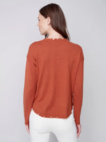 Charlie B Crew Neck Sweater with Fray Edges - Cinnamon