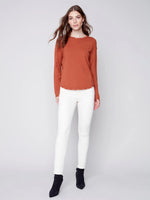 Charlie B Crew Neck Sweater with Fray Edges - Cinnamon