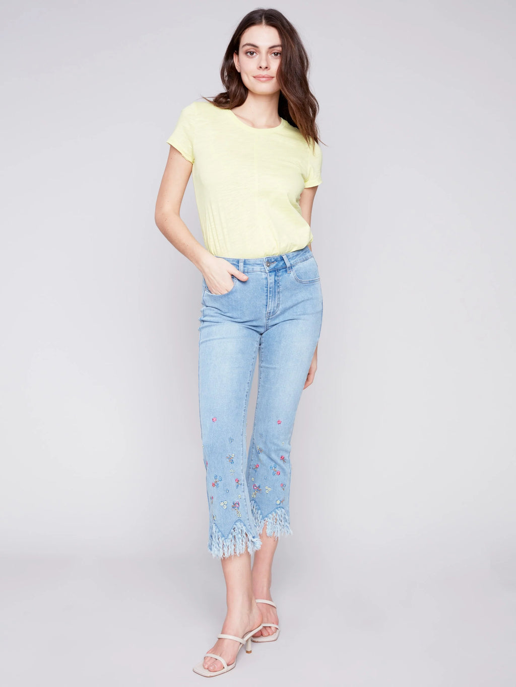 Charlie B Embroidered Ankle Jean with Frayed Hem
