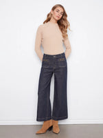 Charlie B Cropped Patch Pocket Wide Leg Jeans With Horsebit Detail - Deep Blue