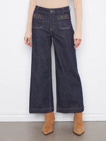 Charlie B Cropped Patch Pocket Wide Leg Jeans With Horsebit Detail - Deep Blue