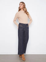 Charlie B Cropped Patch Pocket Wide Leg Jeans With Horsebit Detail - Deep Blue