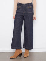 Charlie B Cropped Patch Pocket Wide Leg Jeans With Horsebit Detail - Deep Blue