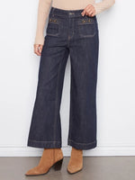 Charlie B Cropped Patch Pocket Wide Leg Jeans With Horsebit Detail - Deep Blue