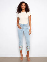 Charlie B Cropped Slim Jeans with Embroidery - Light Blue