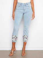 Charlie B Cropped Slim Jeans with Embroidery - Light Blue