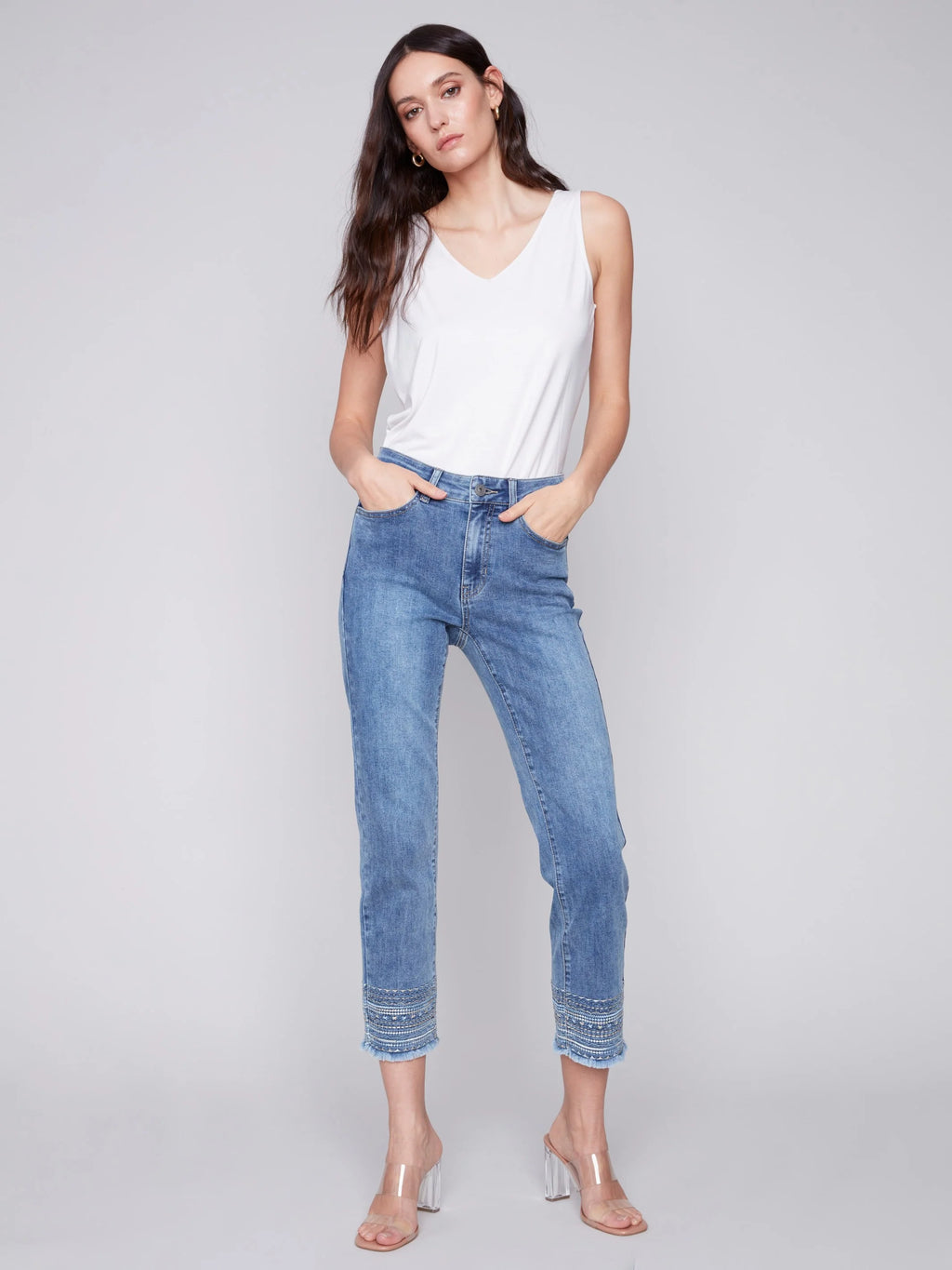 Charlie B Stretch Denim Ankle Pant with Embroidered Hem