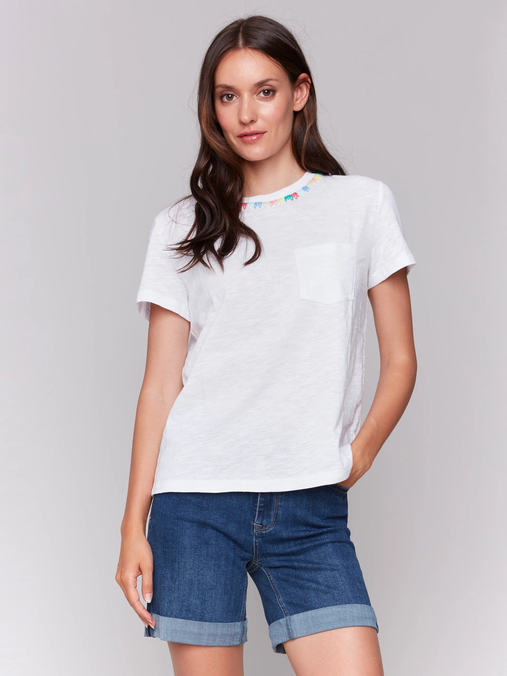 Charlie B Embroidered Neckline Cotton T-Shirt - White