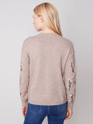 Charlie B Embroidered Round Neck Sweater - Almond