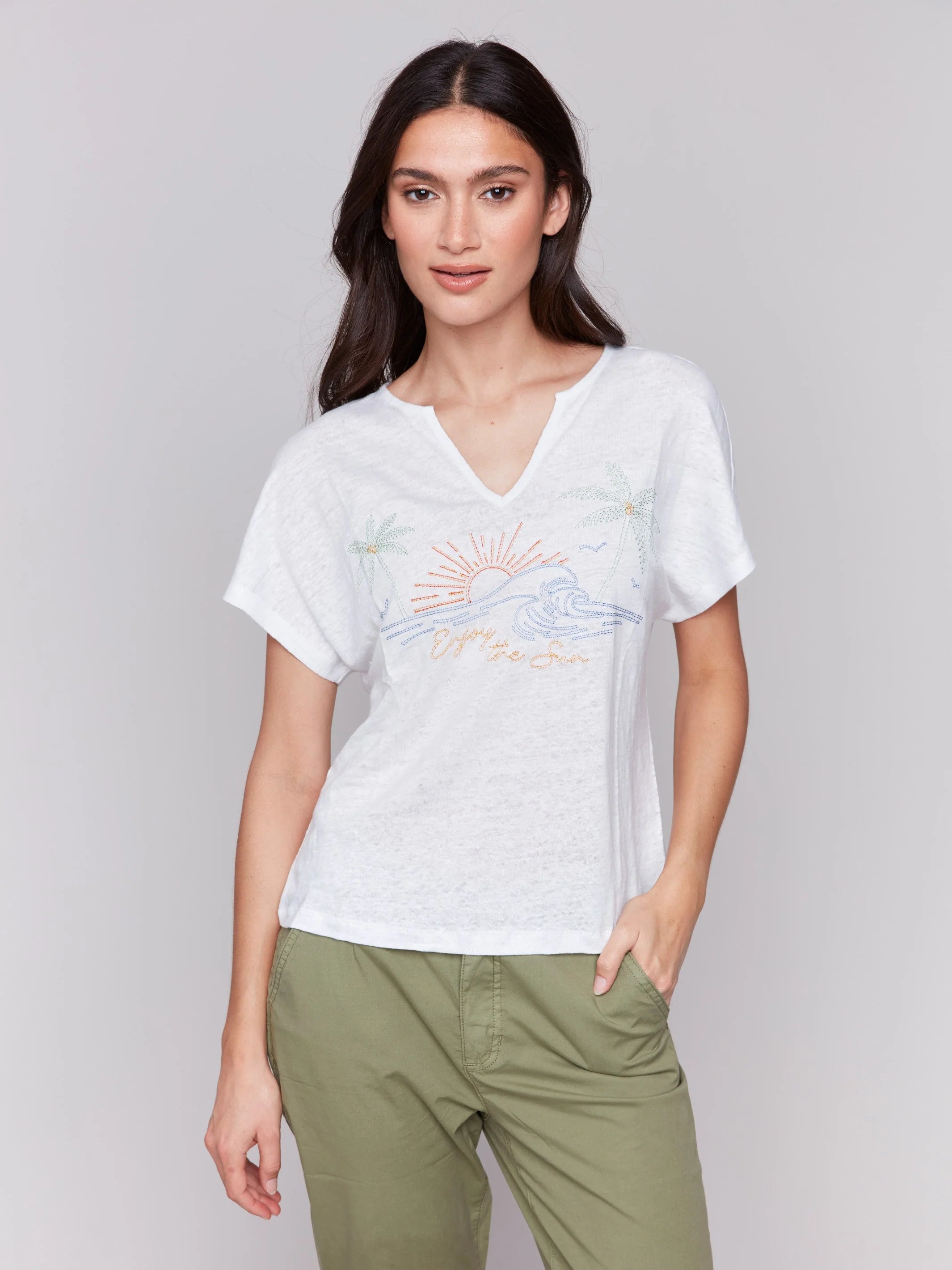 Charlie B "Enjoy The Sun" Embroidered Short Sleeve Dolman Top