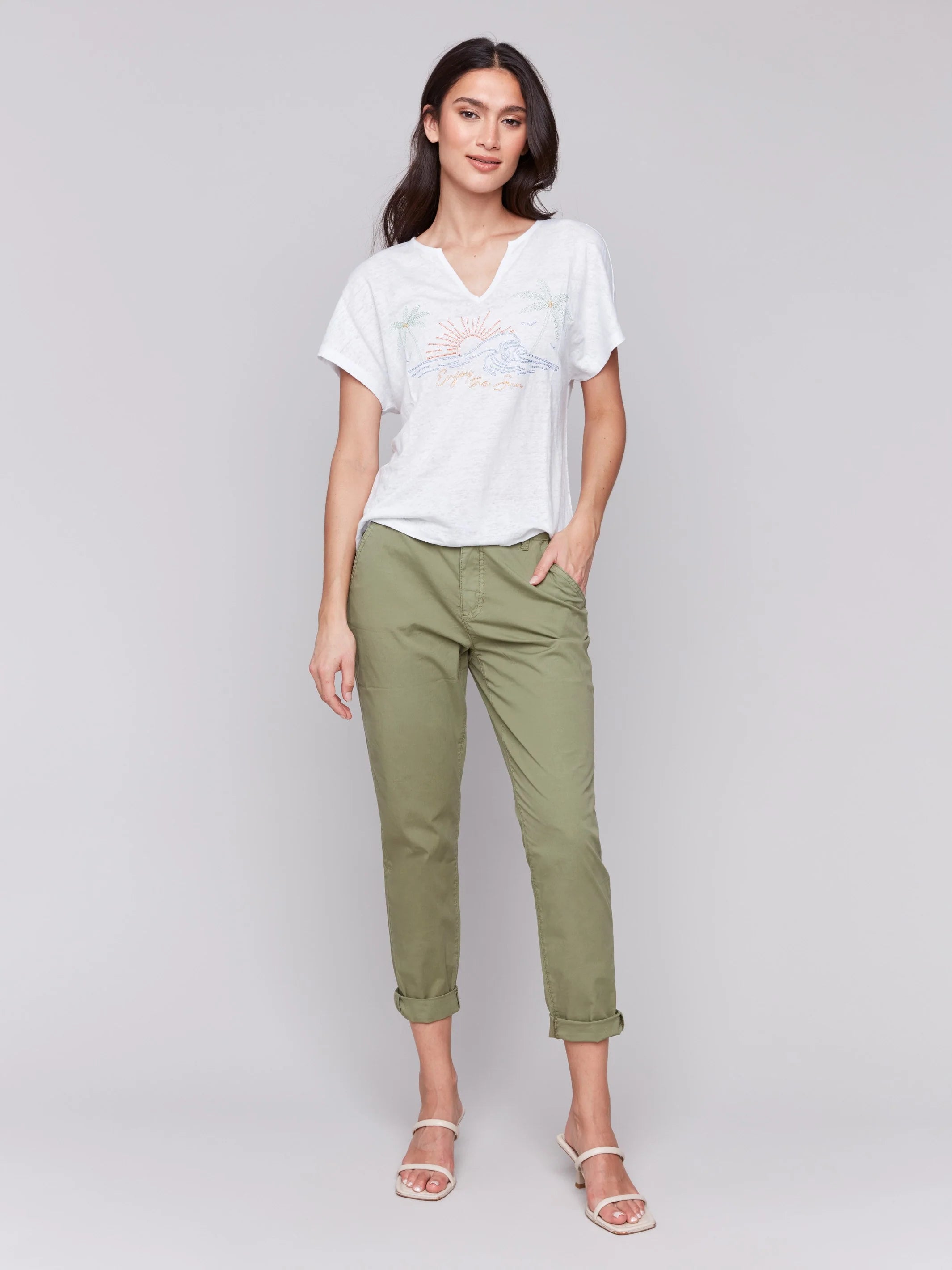 Charlie B "Enjoy The Sun" Embroidered Short Sleeve Dolman Top