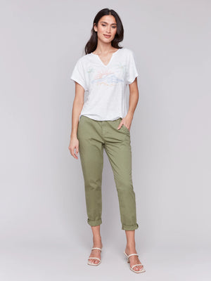 Charlie B "Enjoy The Sun" Embroidered Short Sleeve Dolman Top