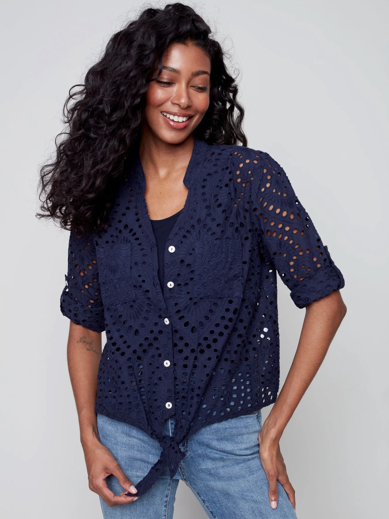 Charlie B Eyelet Embroidered Linen Button-Down Blouse with Front Knot Tie - Marine