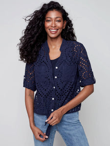 Charlie B Eyelet Embroidered Linen Button-Down Blouse with Front Knot Tie - Marine