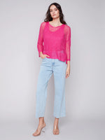 Charlie B Fishnet Crochet Sweater with Drop Shoulder 3/4 Sleeve - Punch