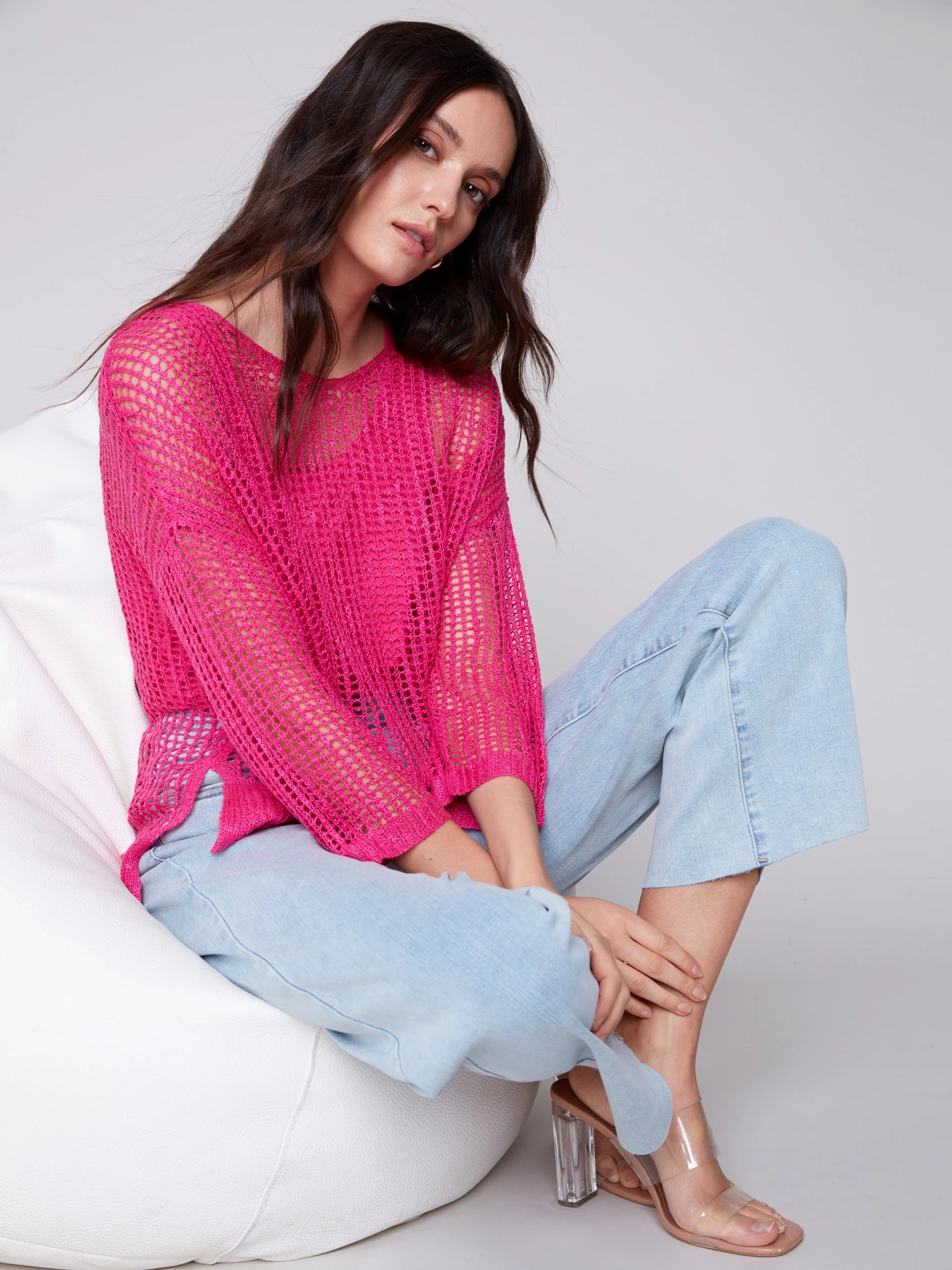 Charlie B Fishnet Crochet Sweater with Drop Shoulder 3/4 Sleeve - Punch