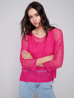 Charlie B Fishnet Crochet Sweater with Drop Shoulder 3/4 Sleeve - Punch
