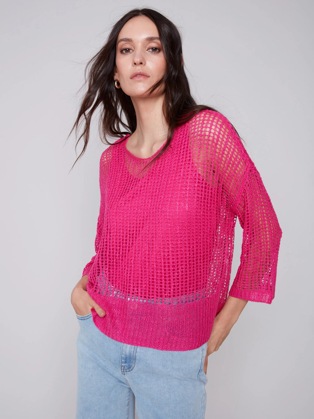 Charlie B Fishnet Crochet Sweater with Drop Shoulder 3/4 Sleeve - Punch