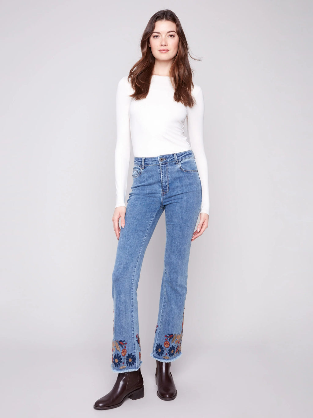 Charlie B Flare Leg Jeans with Colorful Floral Embroidery - Medium Blue