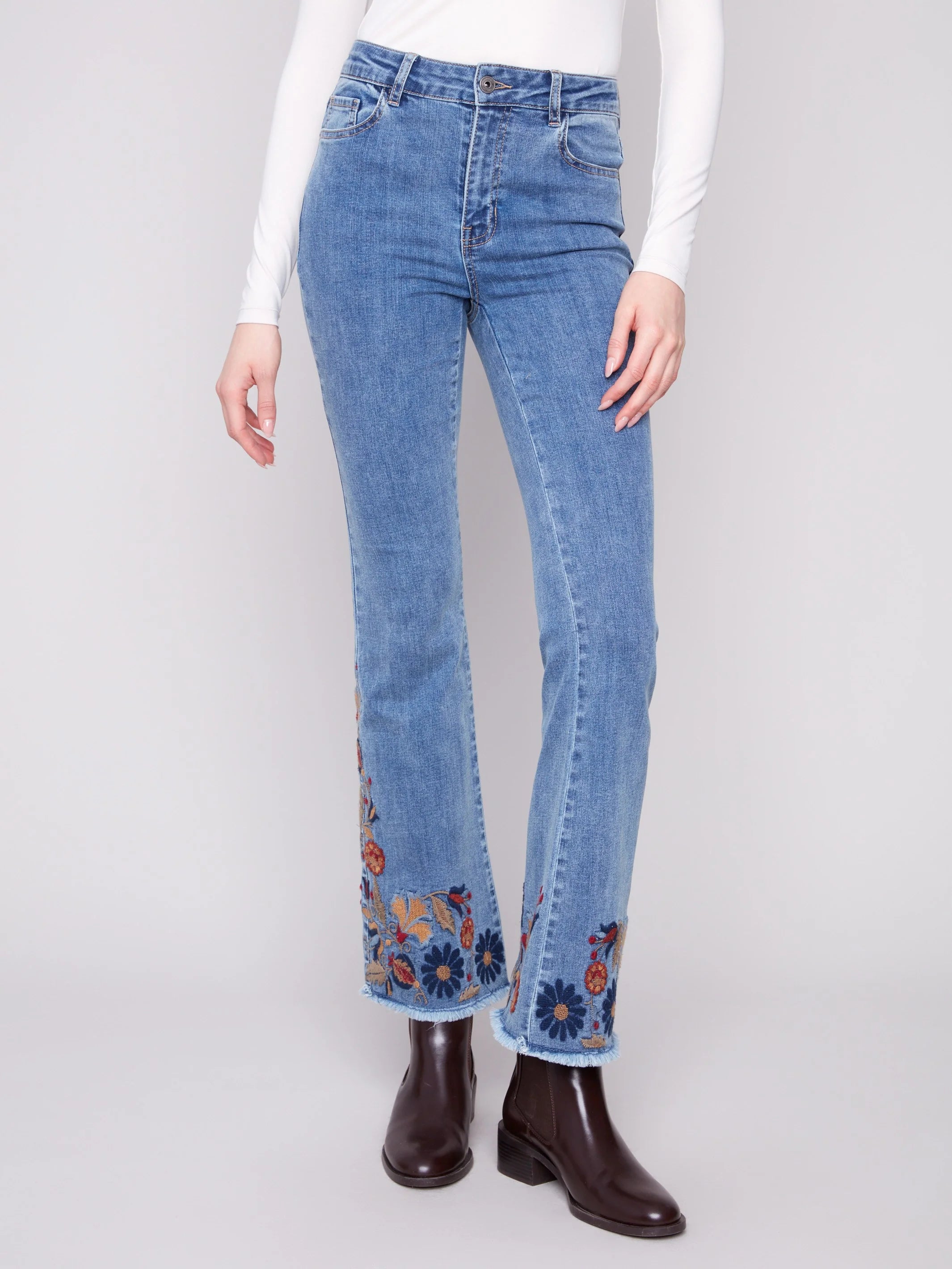 Charlie B Flare Leg Jeans with Colorful Floral Embroidery - Medium Blue