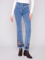 Charlie B Flare Leg Jeans with Colorful Floral Embroidery - Medium Blue