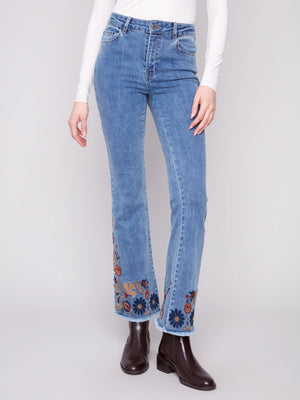 Charlie B Flare Leg Jeans with Colorful Floral Embroidery - Medium Blue