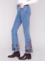 Charlie B Flare Leg Jeans with Colorful Floral Embroidery - Medium Blue
