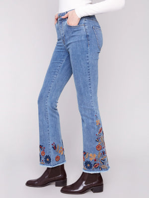 Charlie B Flare Leg Jeans with Colorful Floral Embroidery - Medium Blue