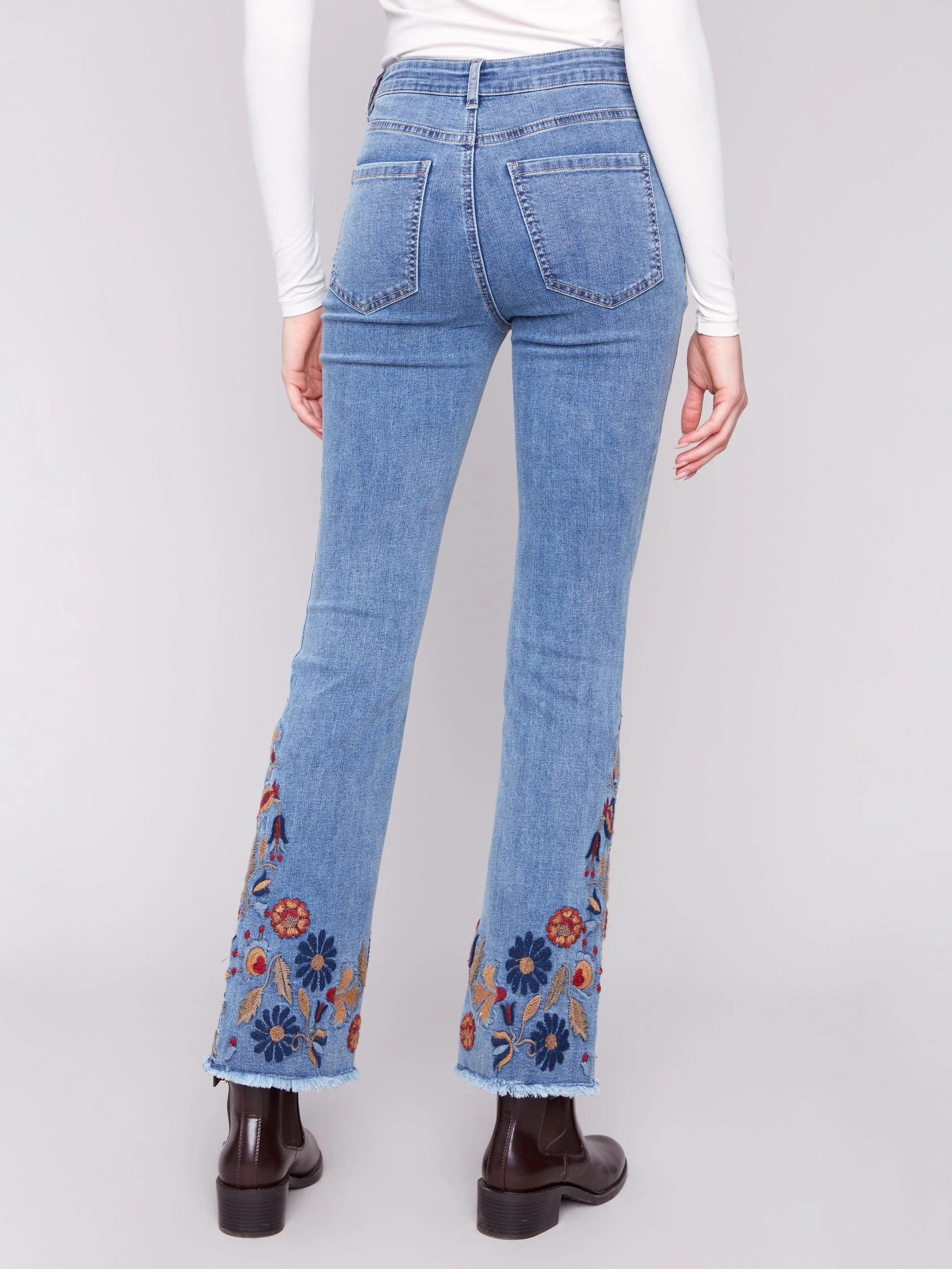 Charlie B Flare Leg Jeans with Colorful Floral Embroidery - Medium Blue